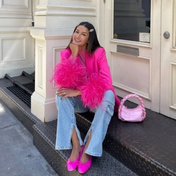 Zara short feather blazer neon fuchsia pink - Picture 6 of 16